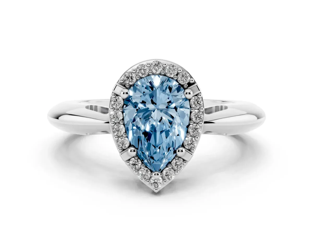 Fancy Blue Pear Cut Cut Diamond Halo Engagement Ring with Split Shank and Four-Prong Setting Silver