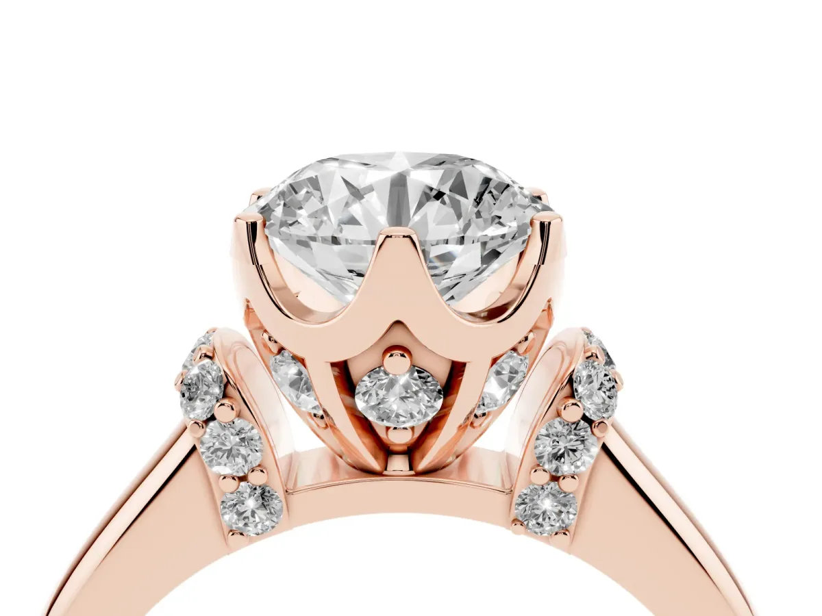 Round Cut Brilliant Solitaire Cathedral Engagement Ring with Pave Accents Rose gold