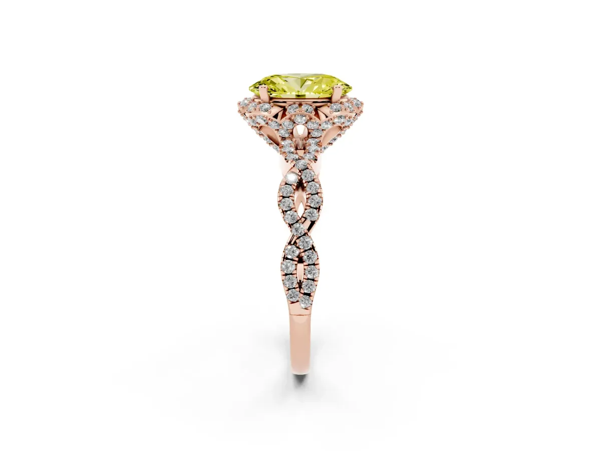 Fancy Yellow Oval Cut Halo Twist Band Solitaire Ring with Six-Prong Setting Rose gold