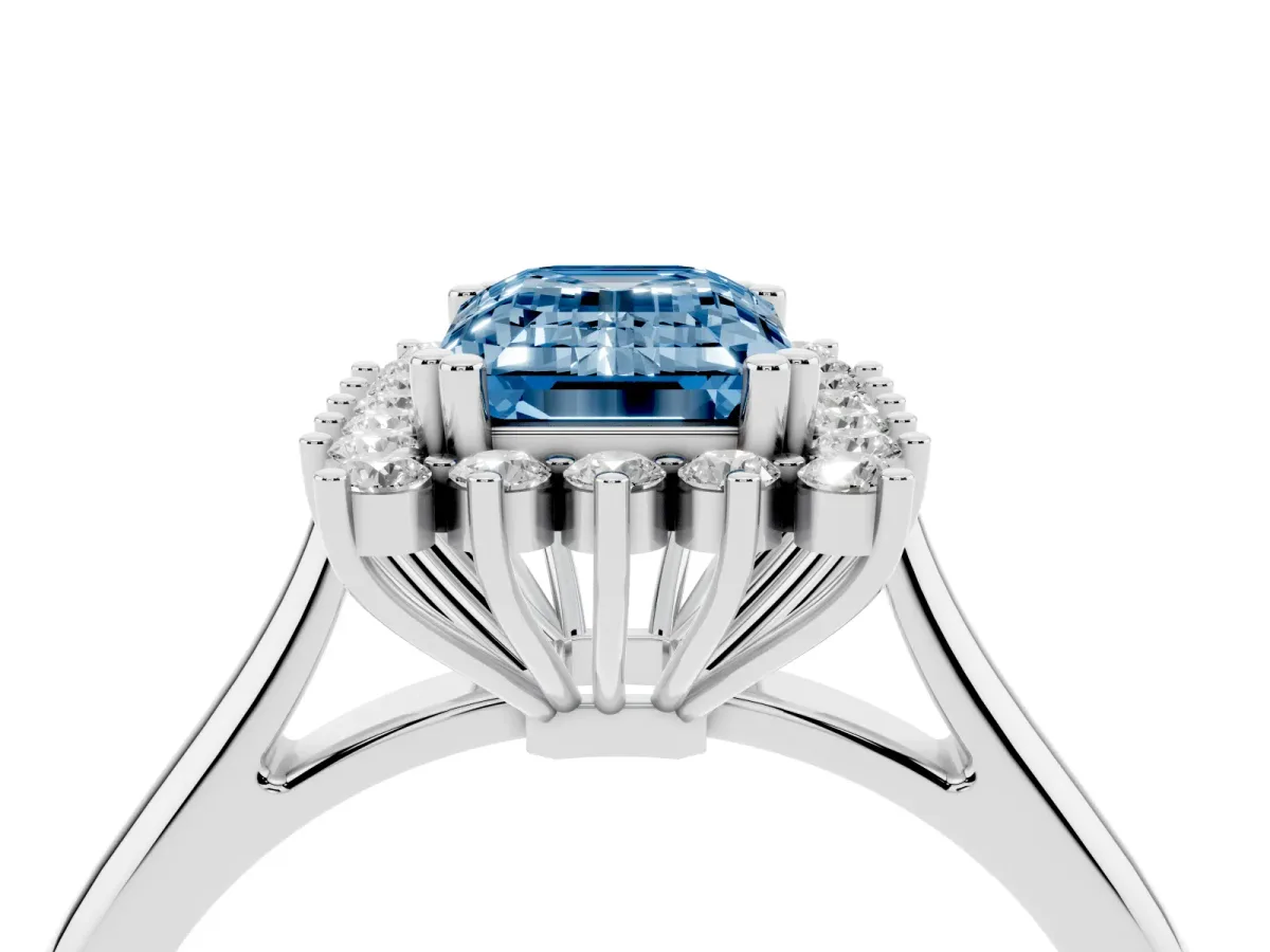 Fancy Blue Emerald Cut Cut Diamond Halo Ring with Solitaire Band and Prong Setting Silver