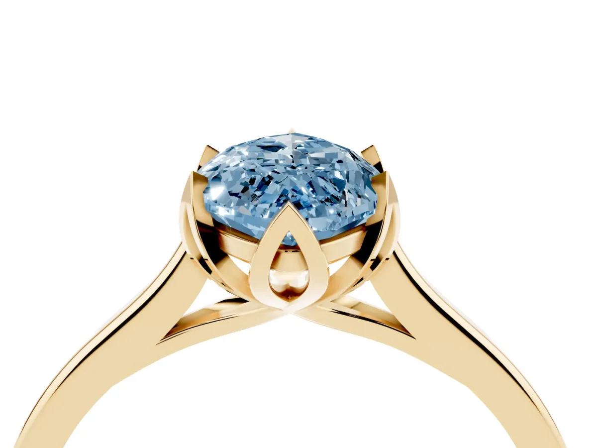 Fancy Blue Marquise Cut Diamond Solitaire Ring with Flower Prong Setting and Classic Band Yellow gold