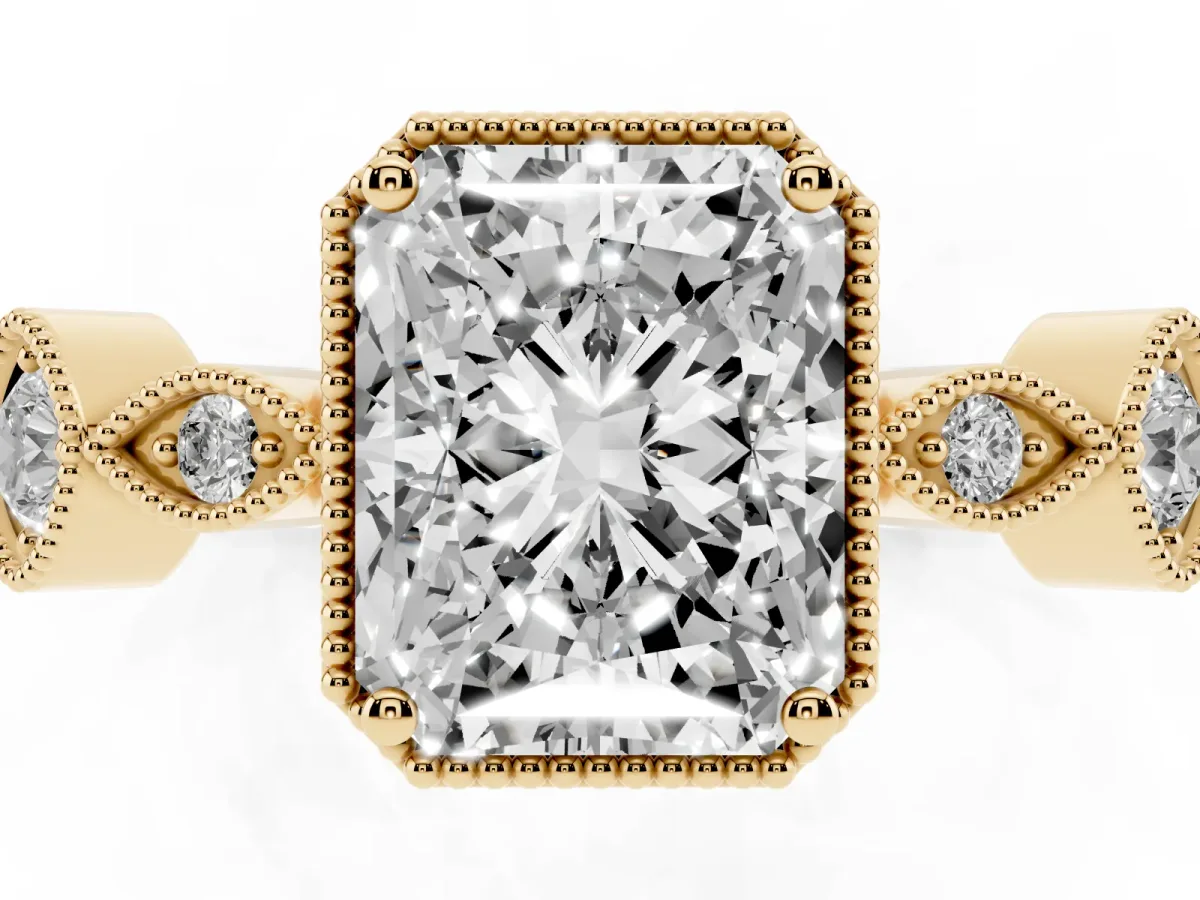 Radiant Cut Diamond Vintage Milgrain Ring with Round Stations Yellow gold