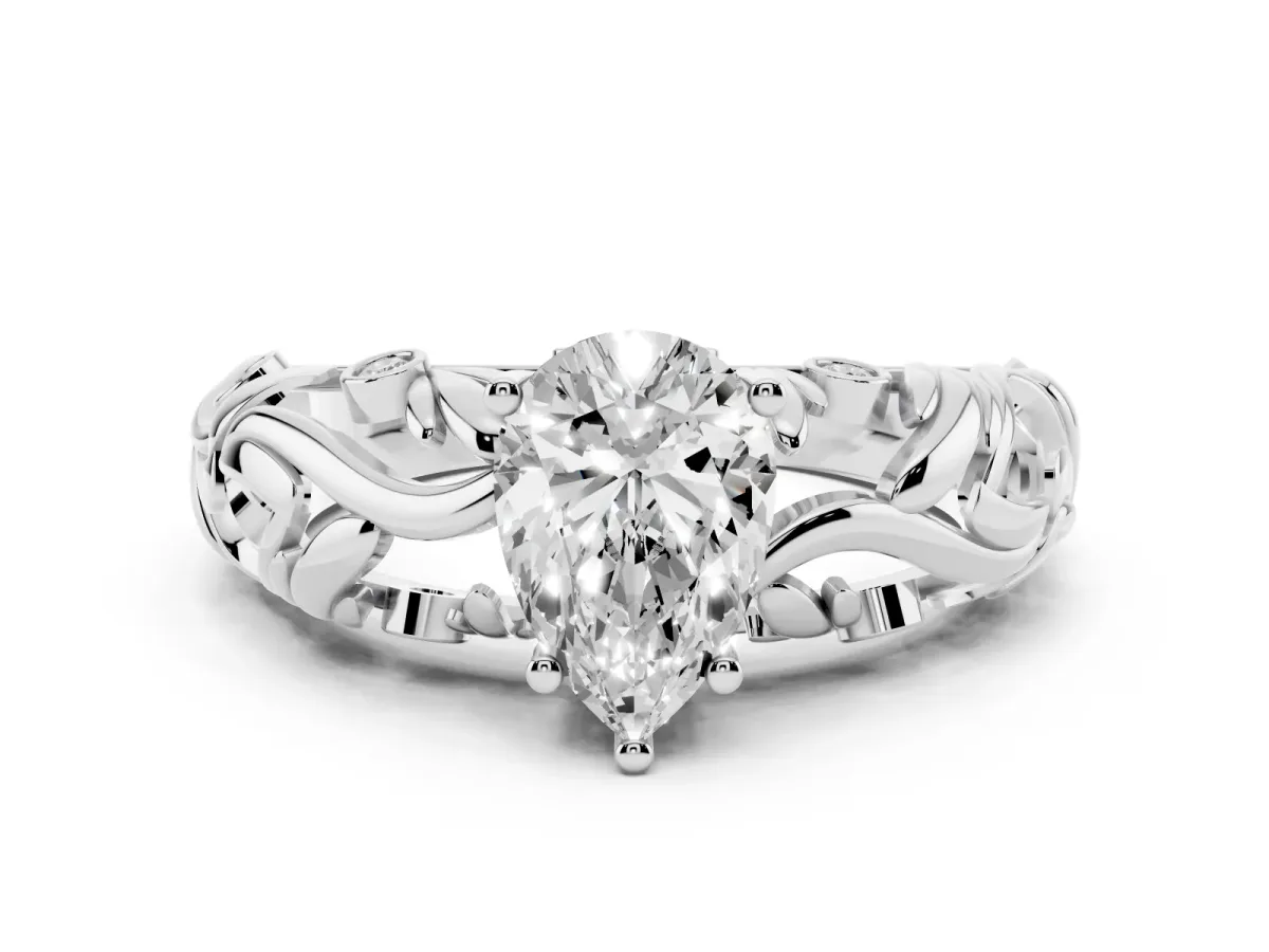 Pear Cut Solitaire Diamond Leaf-Inspired Vine Band Ring with Prong Setting Silver
