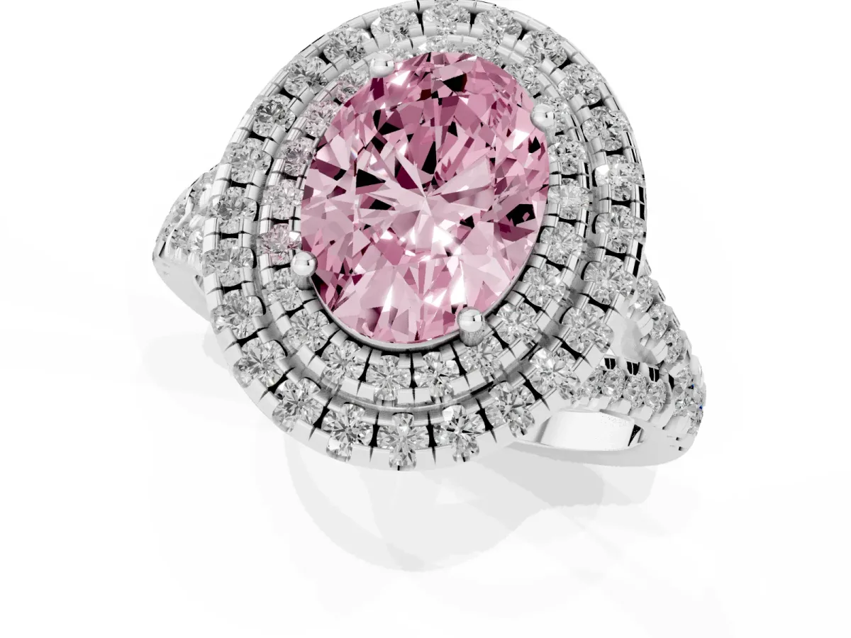 Fancy Pink Double Halo Oval Cut Diamond Pavé Split Shank Ring with Prong Setting Platinum