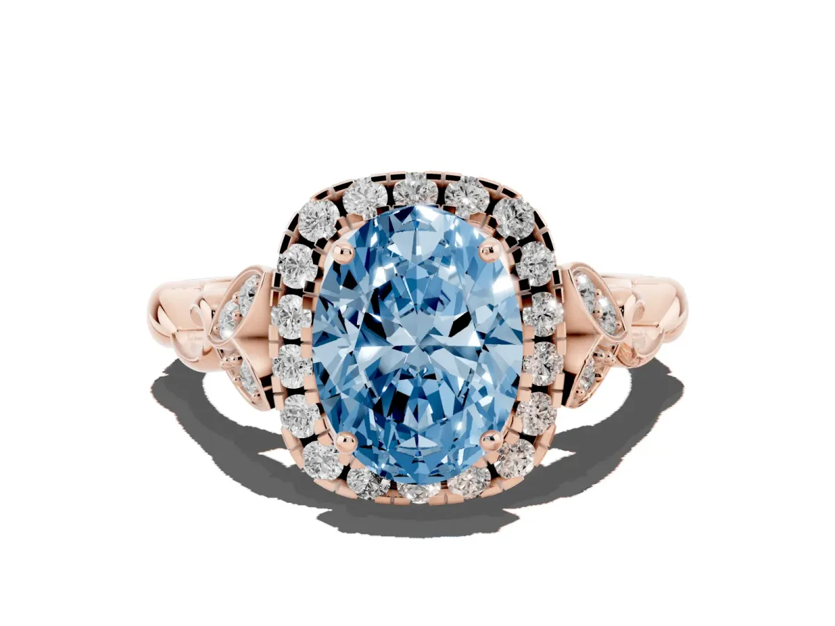 Fancy Blue Oval Cut Halo Diamond Engagement Ring with Vintage-Inspired Band and Four-Prong Setting Rose gold