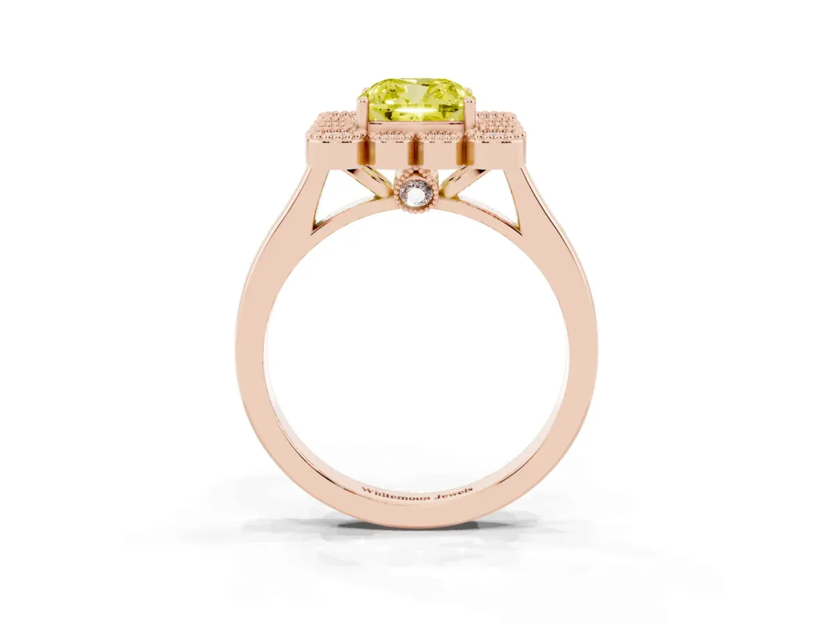 Fancy Yellow Cushion Cut Halo Diamond Cluster Engagement Ring with Milgrain Bezel Setting and Solitaire Band Rose gold