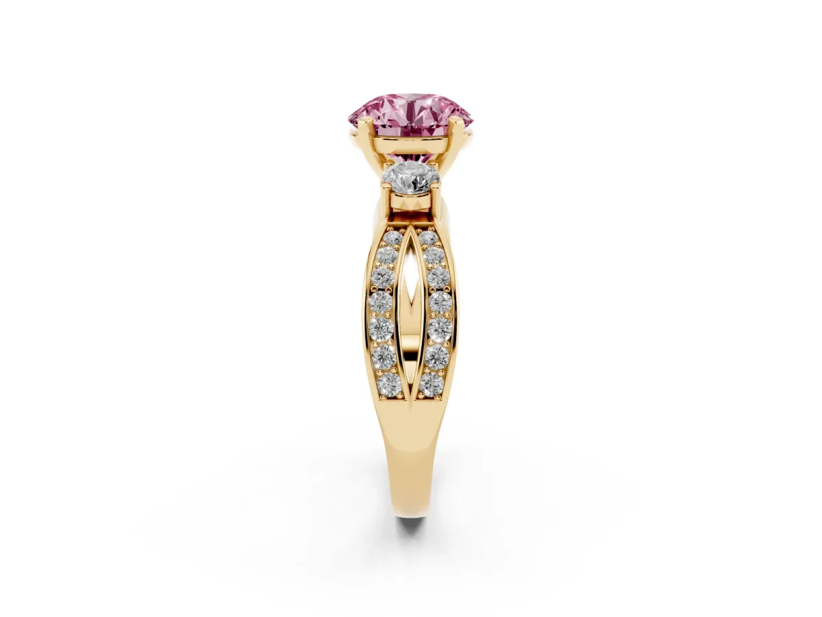 Fancy Pink Three-Stone Round Cut Cut Diamond Twist Band with Prong Setting Yellow gold