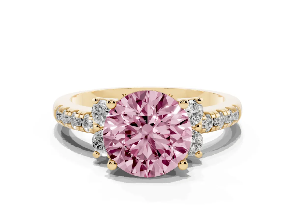 Fancy Pink Round Cut Diamond Three-Stone Pave Band with Four-Prong Setting Yellow gold
