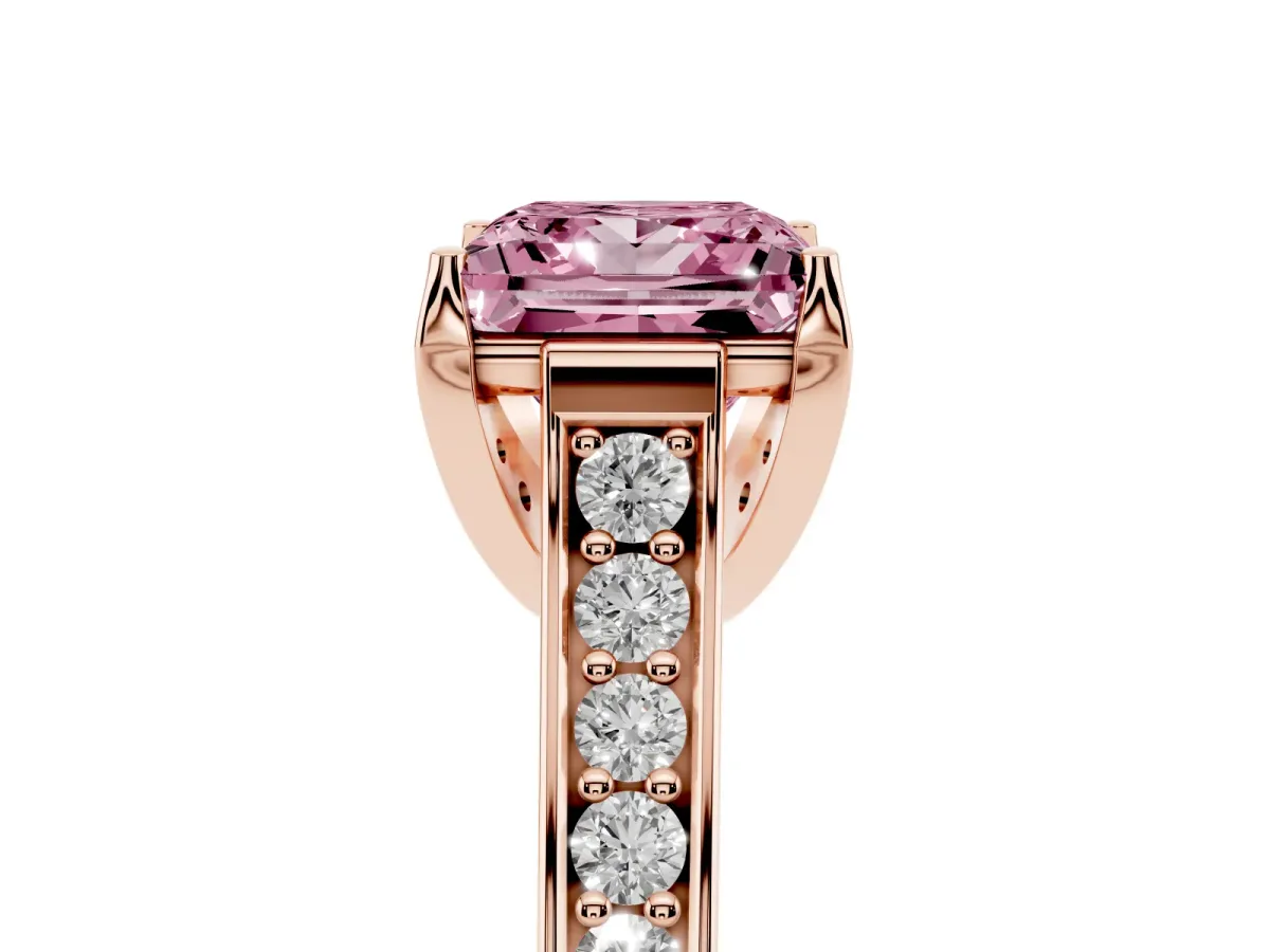Fancy Pink Princess Cut Brilliant Cut Diamond Engagement Ring with Pavé Band and Four-Prong Setting Rose gold
