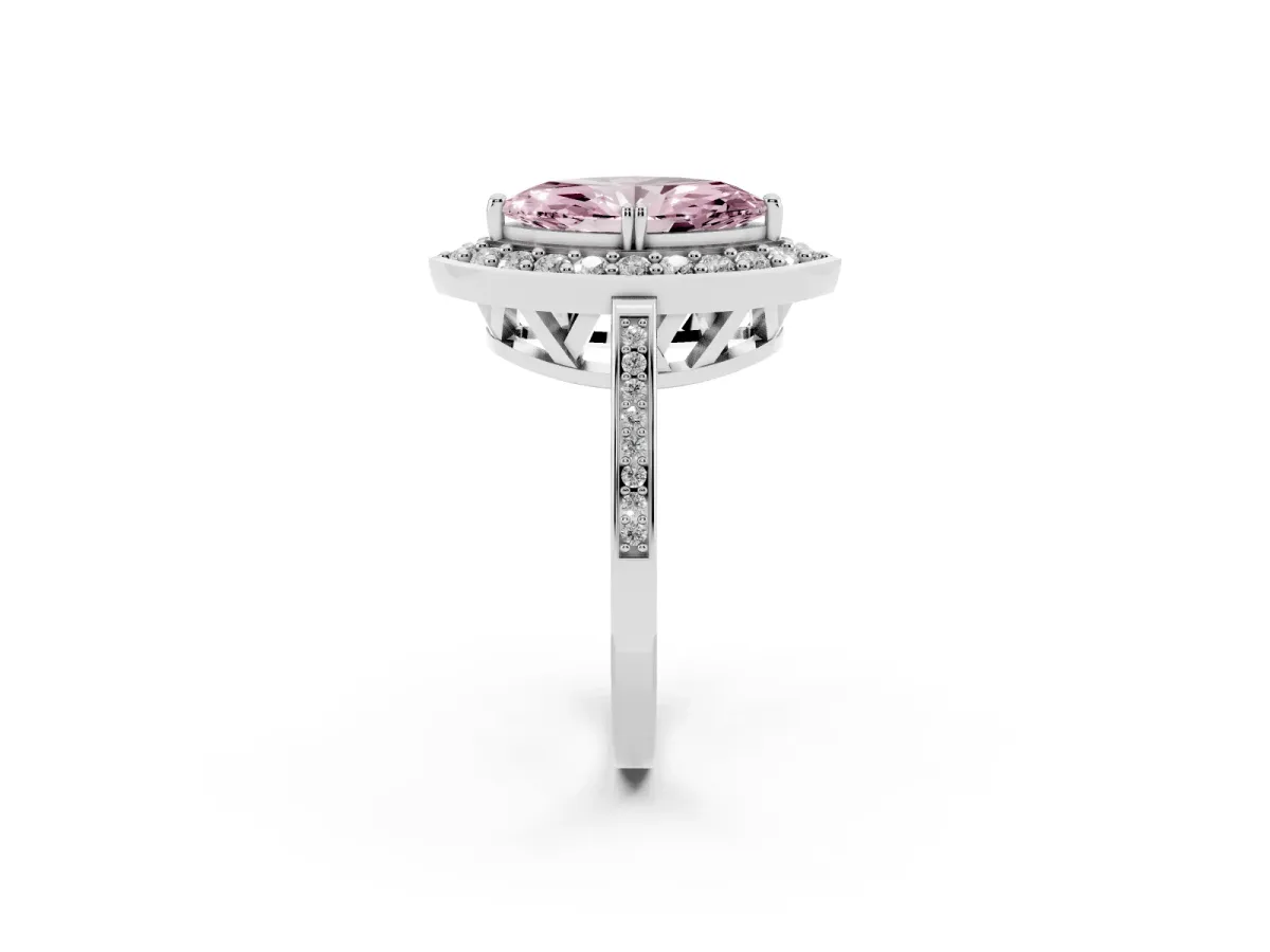 Fancy Pink Marquise Cut Diamond Halo Ring with Split Shank and Four-Prong Setting Silver
