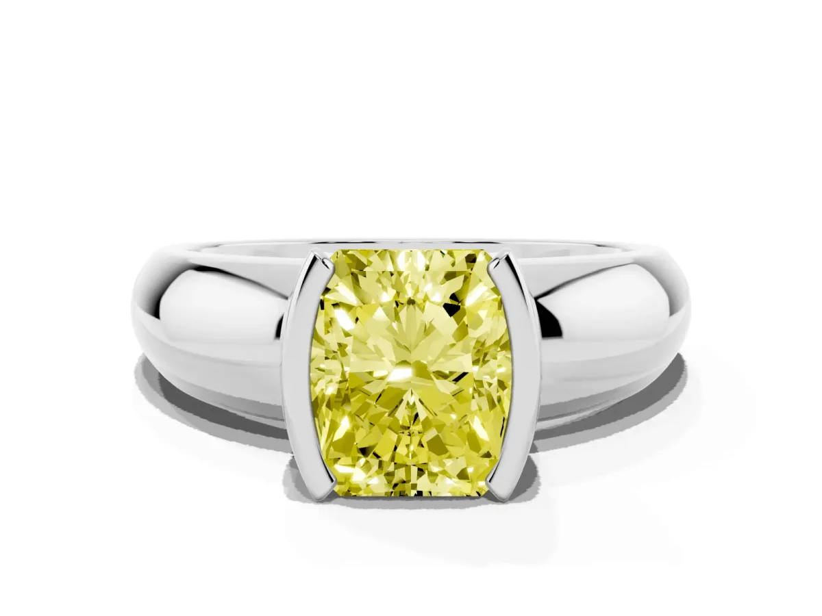 Fancy Yellow Radiant Cut Solitaire Tension Set Diamond Ring with Wide Band Silver