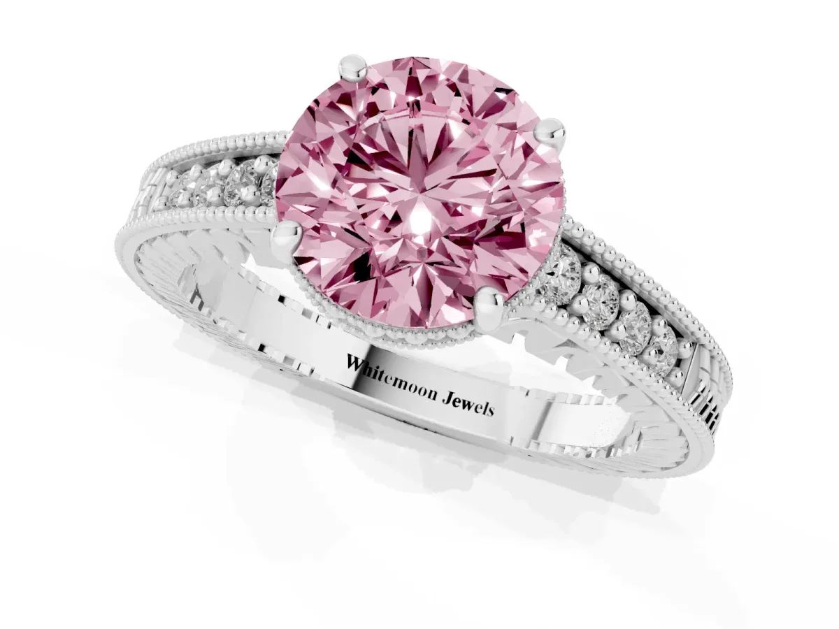 Fancy Pink Round Cut Solitaire Pavé Diamond Milgrain Engagement Ring with Four-Prong Setting Silver