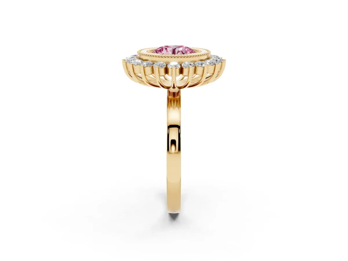 Fancy Pink Round Cut Halo Diamond Ring with Milgrain Edge and Round Prong Setting Yellow gold