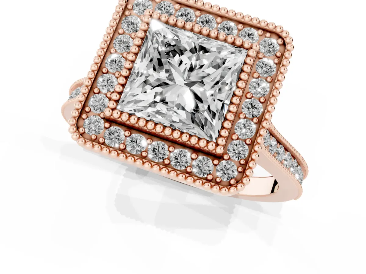 Princess Cut Diamond Halo Ring with Milgrain Frame and Pavé Band Rose gold