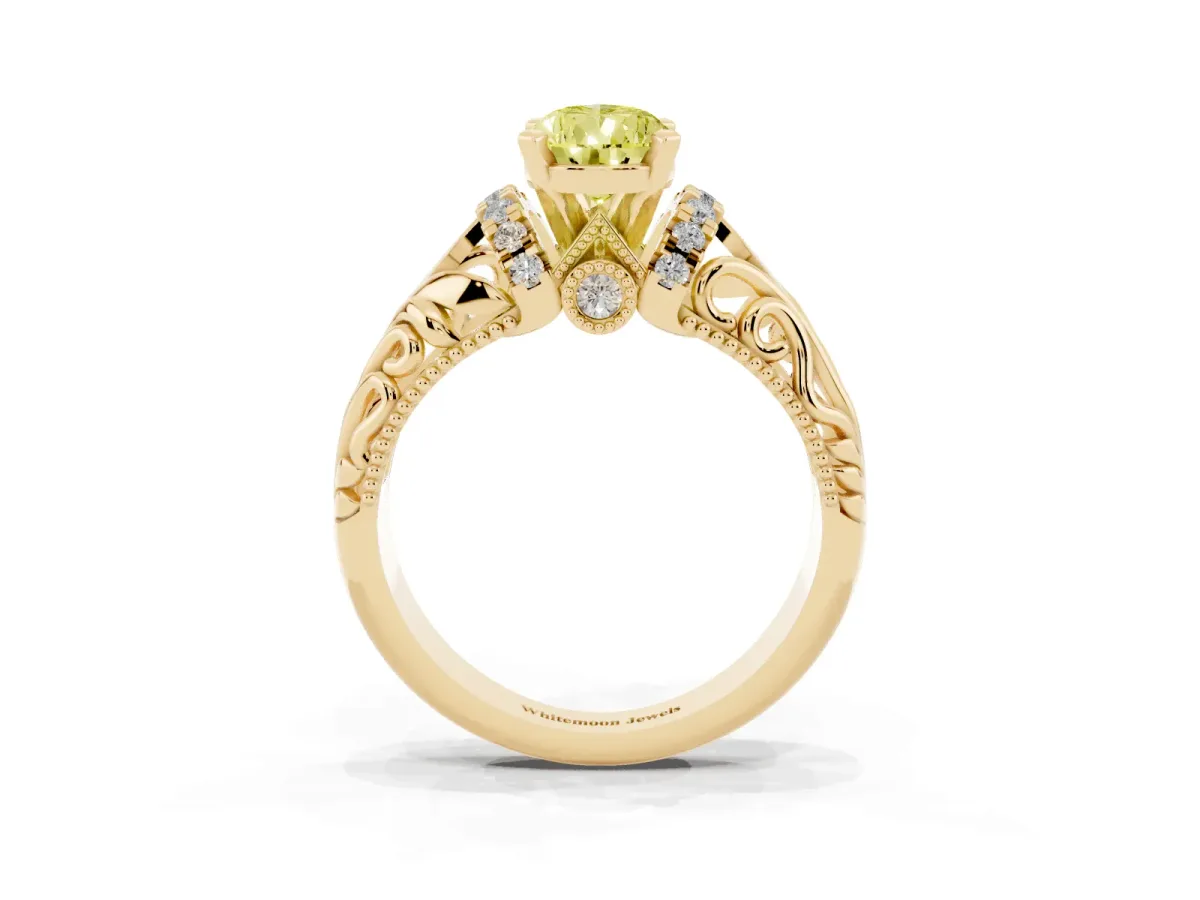 Fancy Yellow Pear Cut Solitaire Filigree Engagement Ring with Halo and Prong Setting Yellow gold