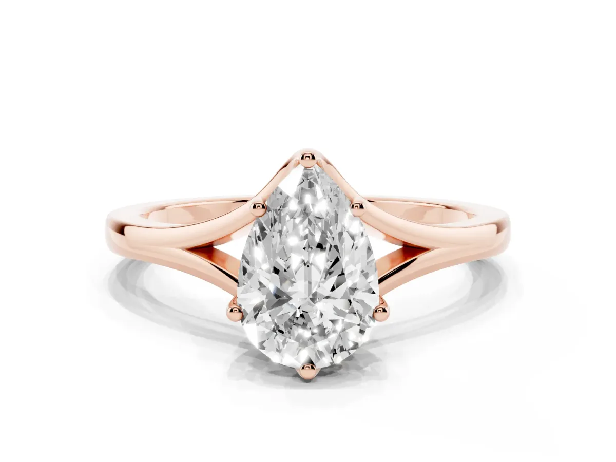 Pear Cut Solitaire Diamond Ring with Six-Prong Setting and Tapered Band Rose gold