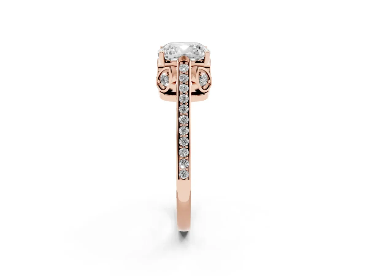 Cushion Cut Cut Cathedral Pave Diamond Engagement Ring with Six-Prong Setting Rose gold