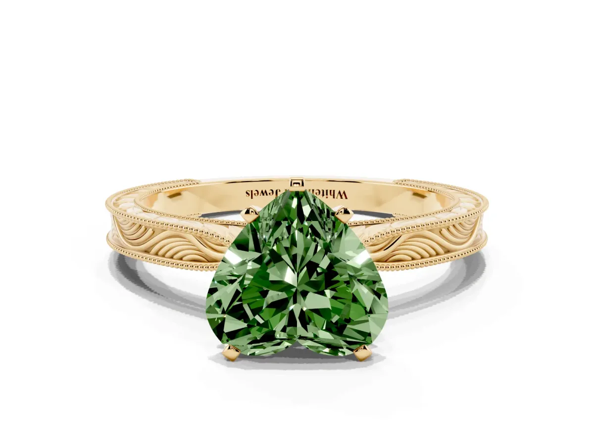 Fancy Green Heart Cut Solitaire Milgrain Engraved Band with Four-Prong Setting Yellow gold