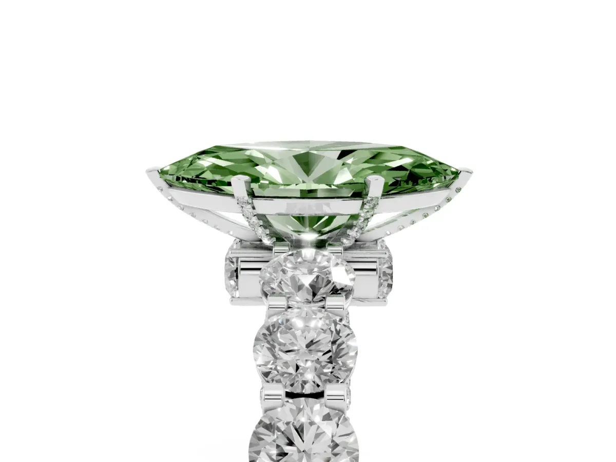Fancy Green Marquise Cut Diamond Side Stone Engagement Ring with Four-Prong Setting White gold