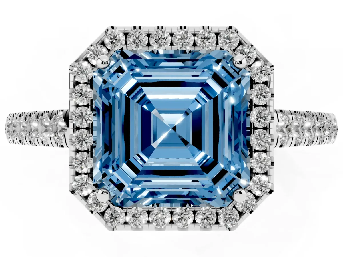 Fancy Blue Asscher Cut Halo Pave Diamond Engagement Ring with Four-Prong Setting Silver