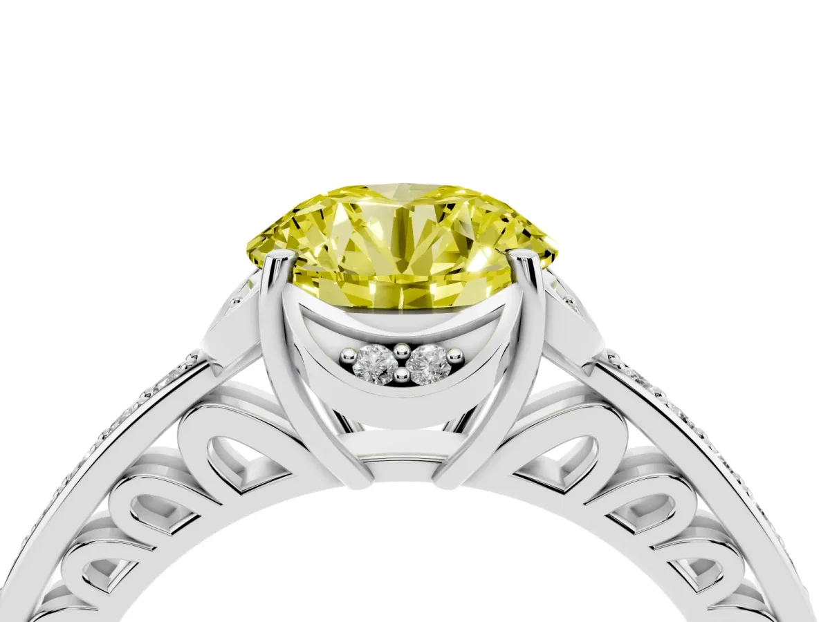 Fancy Yellow Round Cut Cut Halo Diamond Ring with Channel Set Band and Four-Prong Setting Platinum