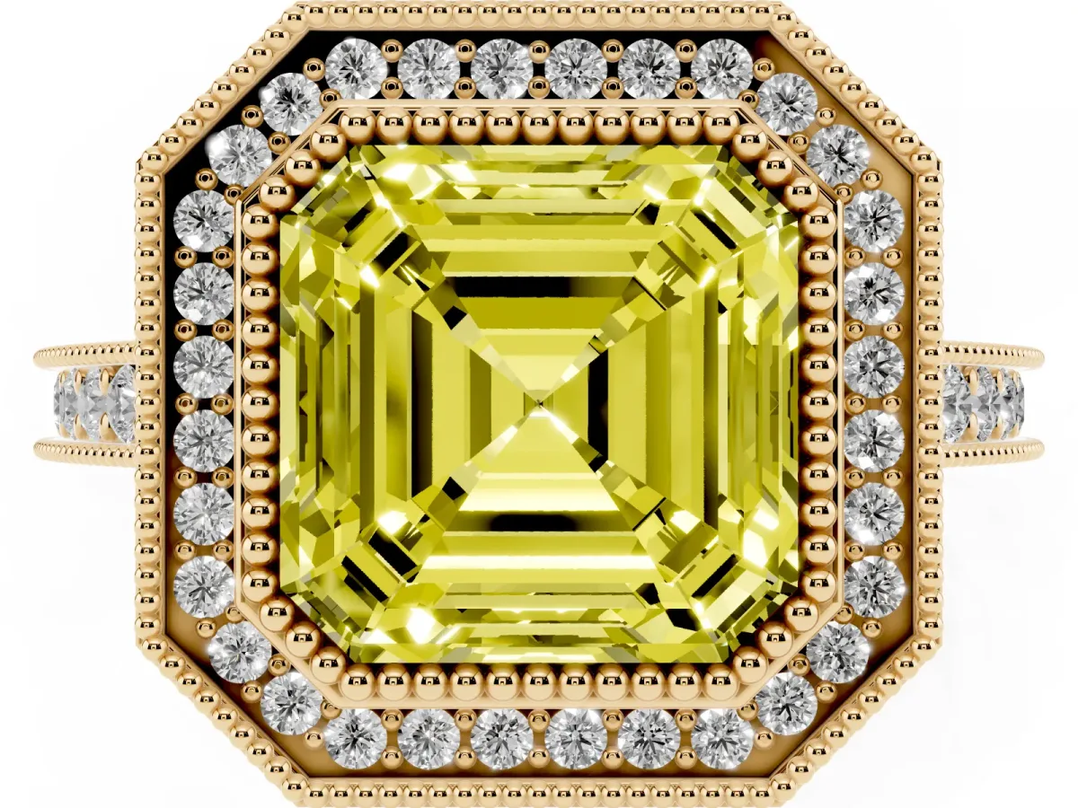 Fancy Yellow Halo Asscher Cut-Cut Diamond Pave Band Milgrain Prong Setting Ring Yellow gold