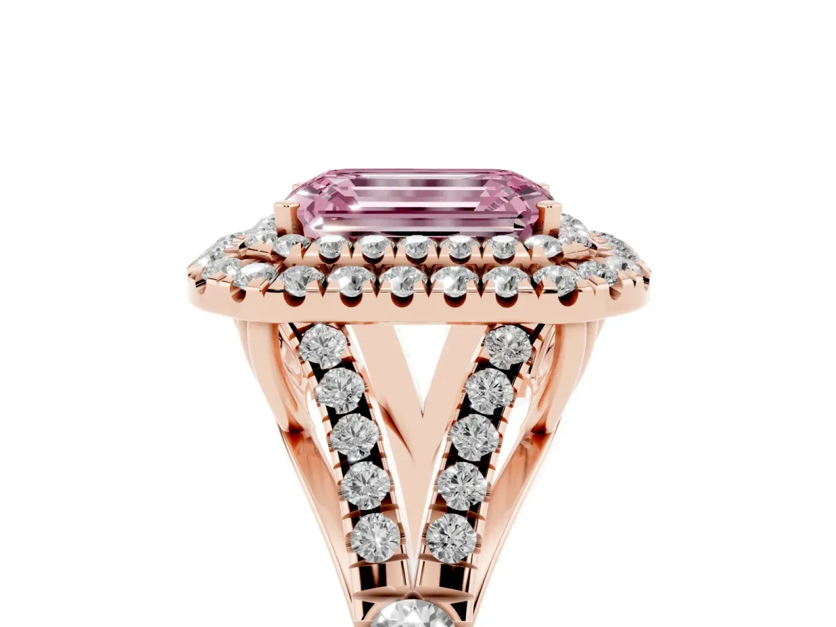 Fancy Pink Emerald Cut Diamond Pavé Split Shank Double Halo Engagement Ring Rose gold