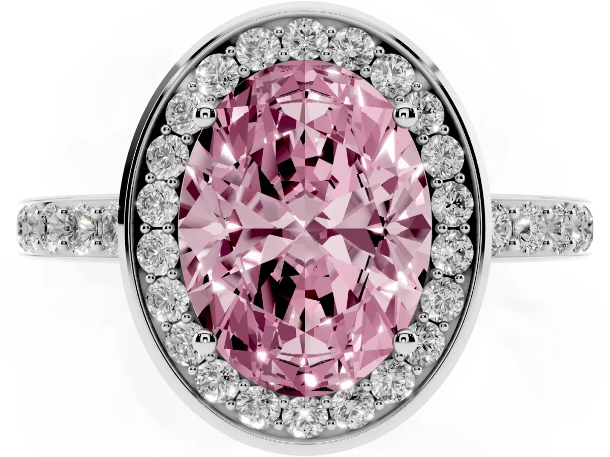 Fancy Pink Oval Cut Diamond Halo Ring with Bezel Frame and Pavé Band Silver
