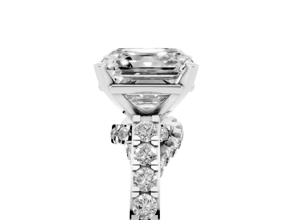 Asscher Cut Diamond Solitaire Ring with Crossover Gallery and Round Pavé Band White gold