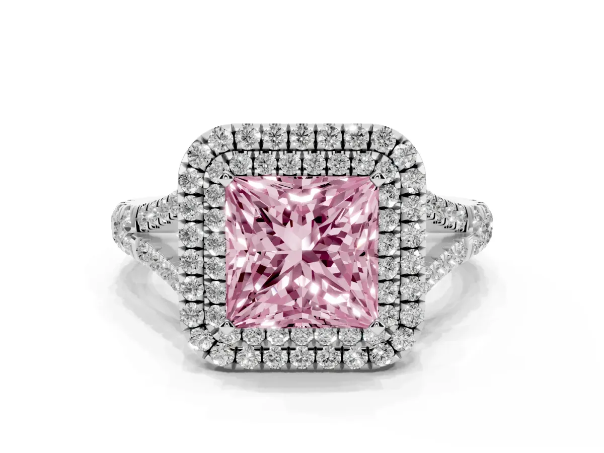 Fancy Pink Princess Cut Diamond Pavé Split Shank Double Halo Engagement Ring Silver