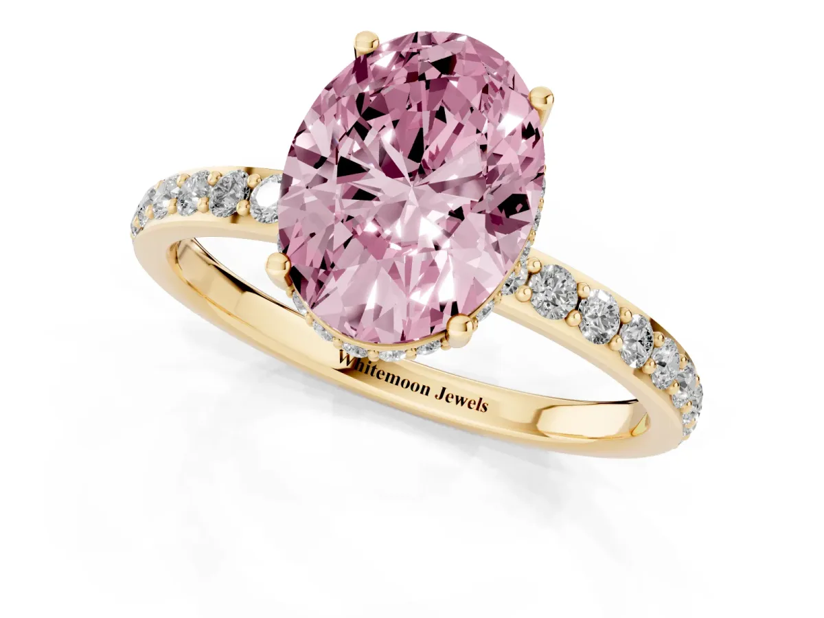 Fancy Pink Oval Cut Diamond Solitaire Ring with Pavé Band and Hidden Halo Yellow gold