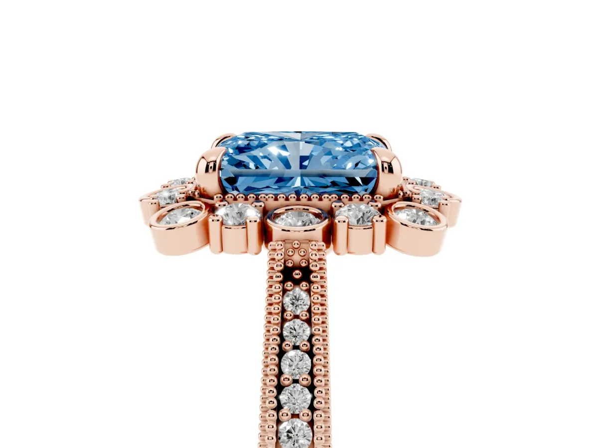 Fancy Blue Radiant Cut Halo Milgrain Pave Diamond Ring with Four-Prong Setting Rose gold