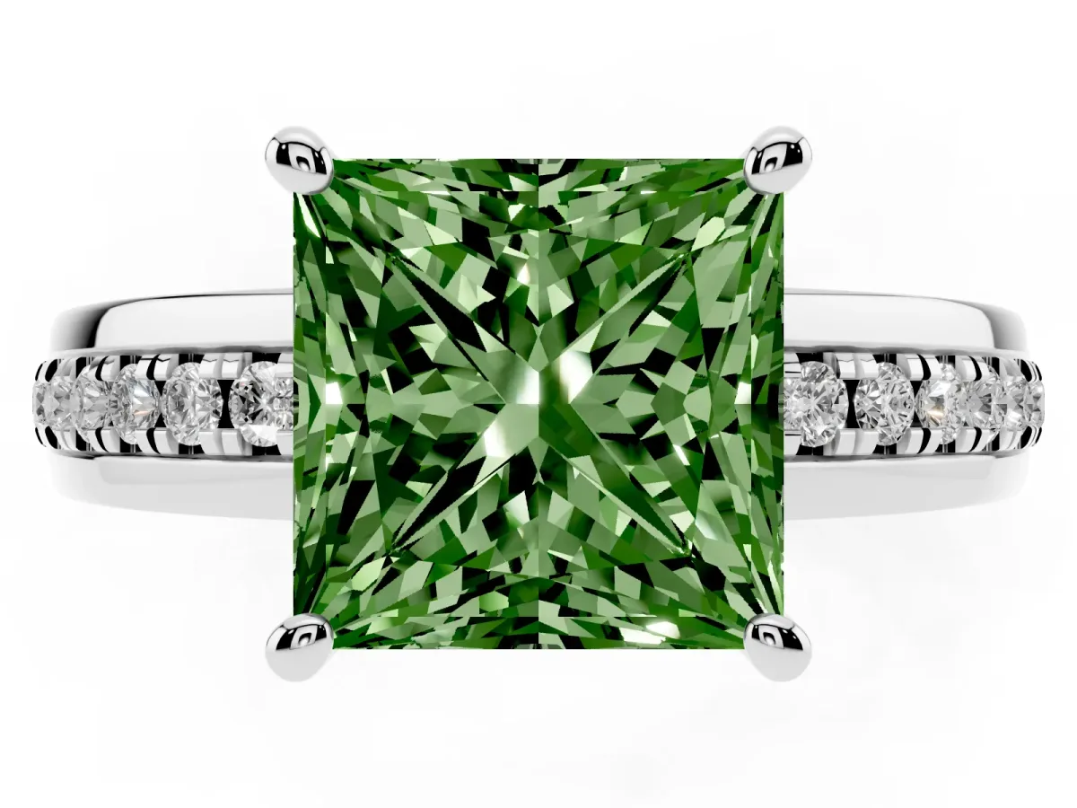 Fancy Green Princess Cut Solitaire Diamond Ring with Channel Set Band and Six-Prong Setting Silver