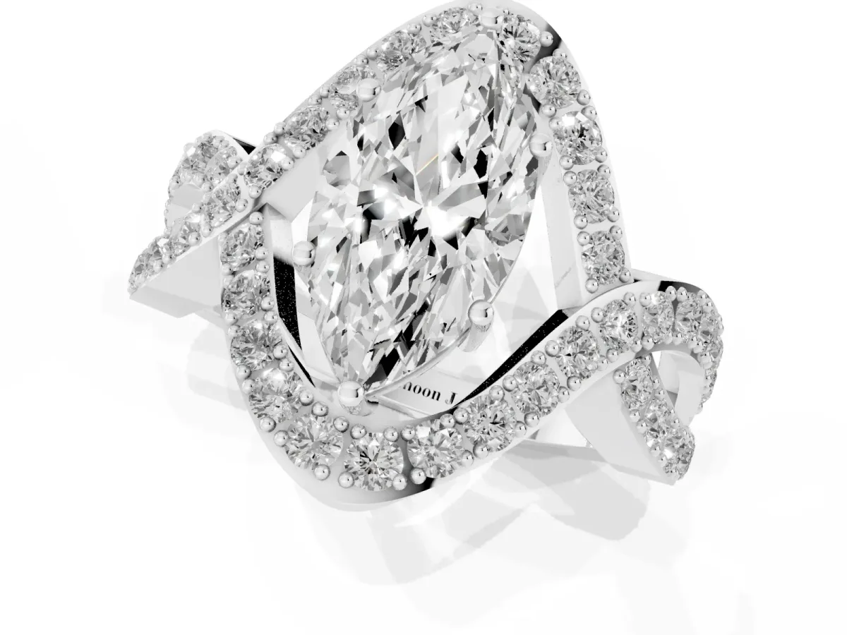 Marquise Cut Solitaire Twist Band Pavé Diamond Engagement Ring Silver