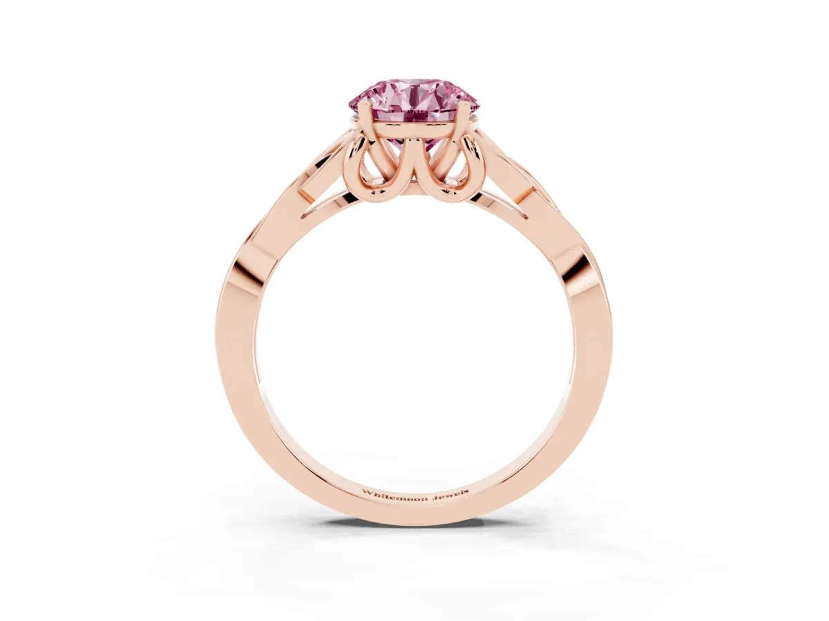 Fancy Pink Round Cut Diamond Solitaire Engagement Ring with Celtic Knot Band and Four-Prong Setting Rose gold