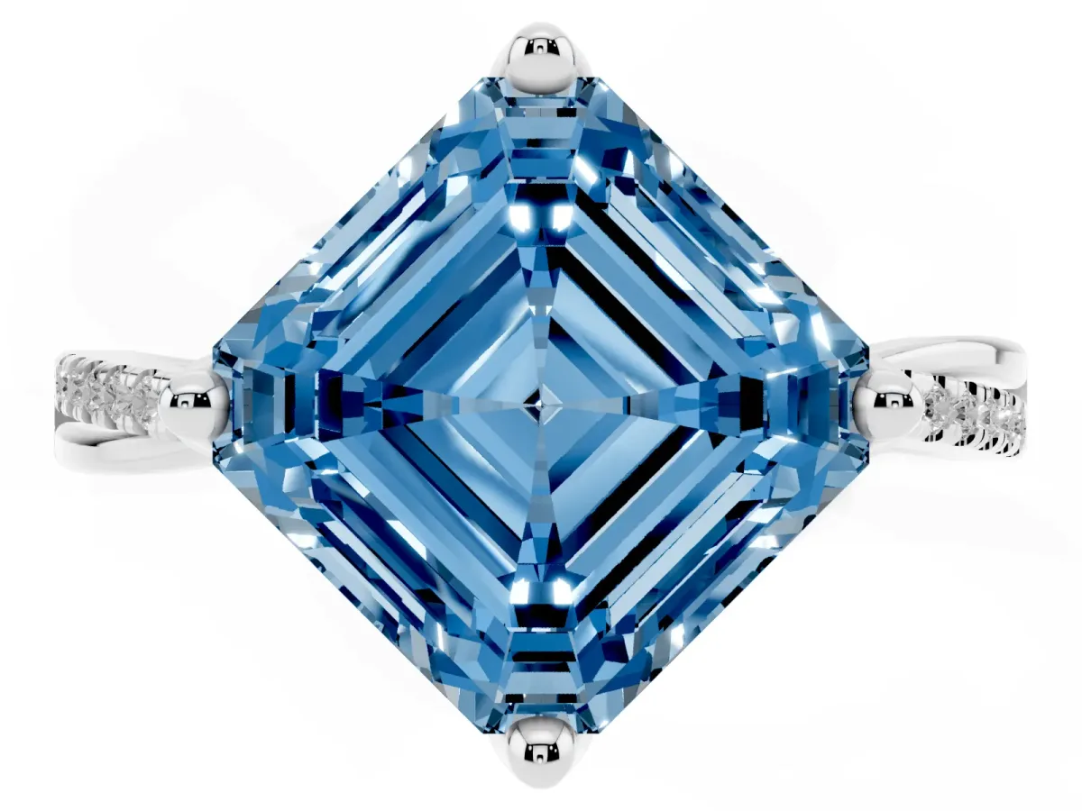 Fancy Blue Asscher Cut Solitaire Twist Band with Pavé Diamonds and Four-Prong Setting White gold