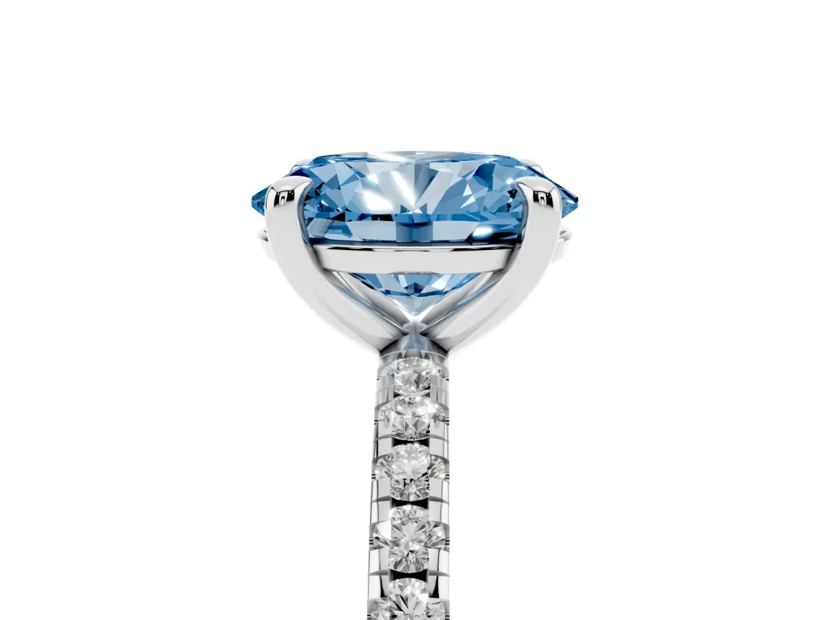 Fancy Blue Oval Cut Diamond Brilliant Solitaire Ring with Pavé Band and Four-Prong Setting Platinum