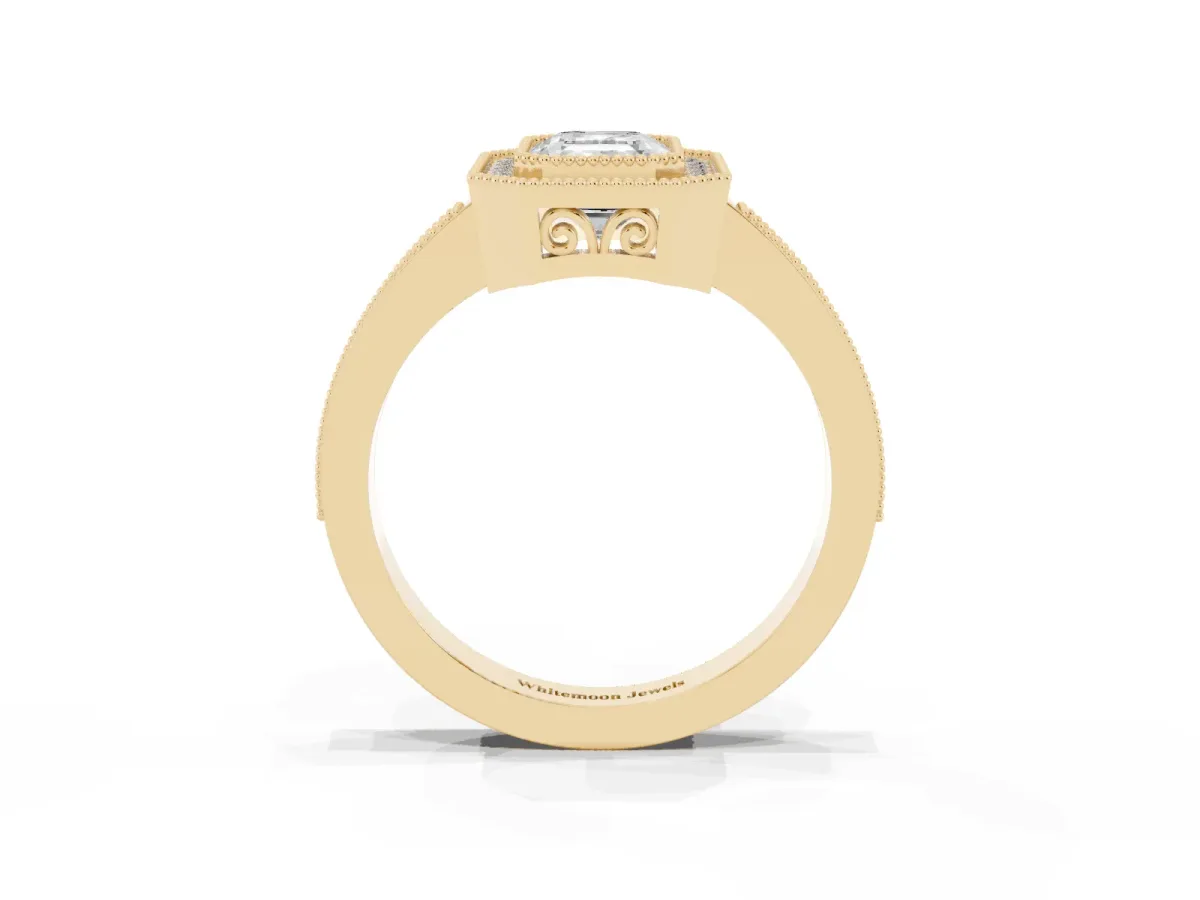 Emerald Cut Cut Halo Diamond Ring with Pavé Band and Milgrain Prong Setting Yellow gold