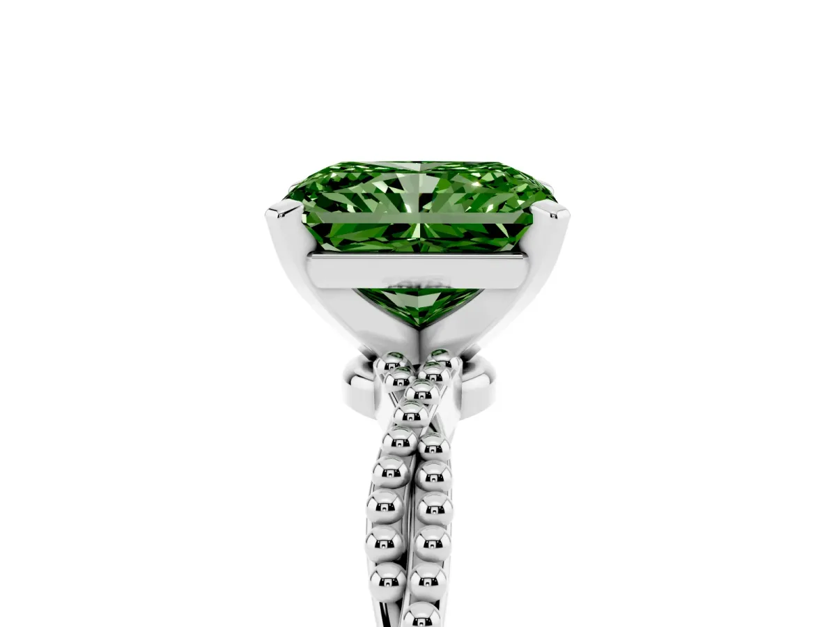 Fancy Green Radiant Cut Solitaire Twisted Band with Bead Prong Setting Silver