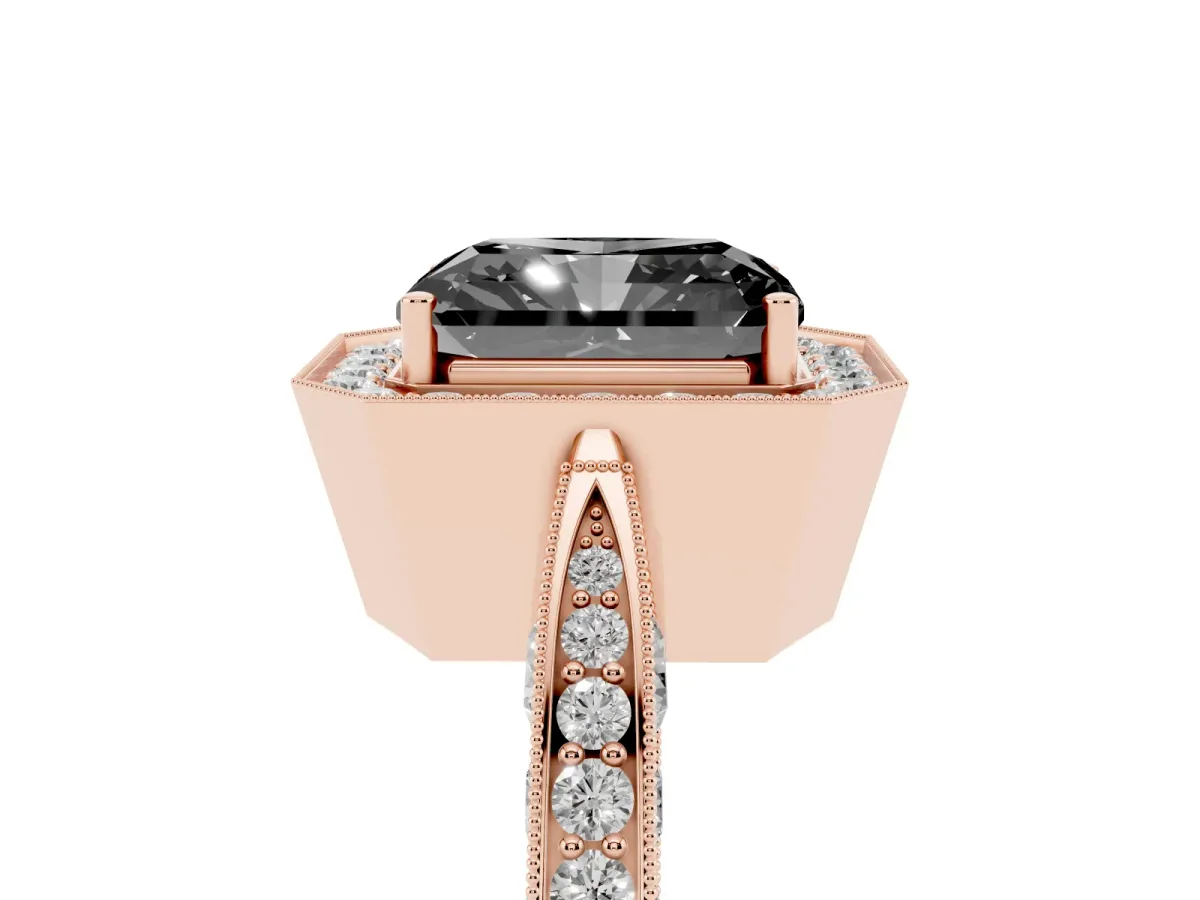Fancy Black Radiant Cut Halo Diamond Engagement Ring with Split Shank Band and Four-Prong Setting Rose gold
