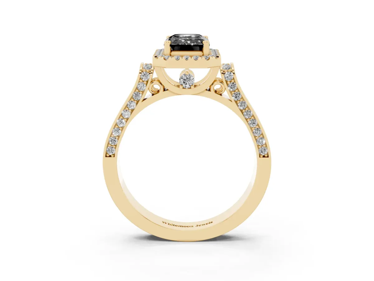 Fancy Black Emerald Cut Halo Round Diamond Twist Band with Four-Prong Setting Yellow gold