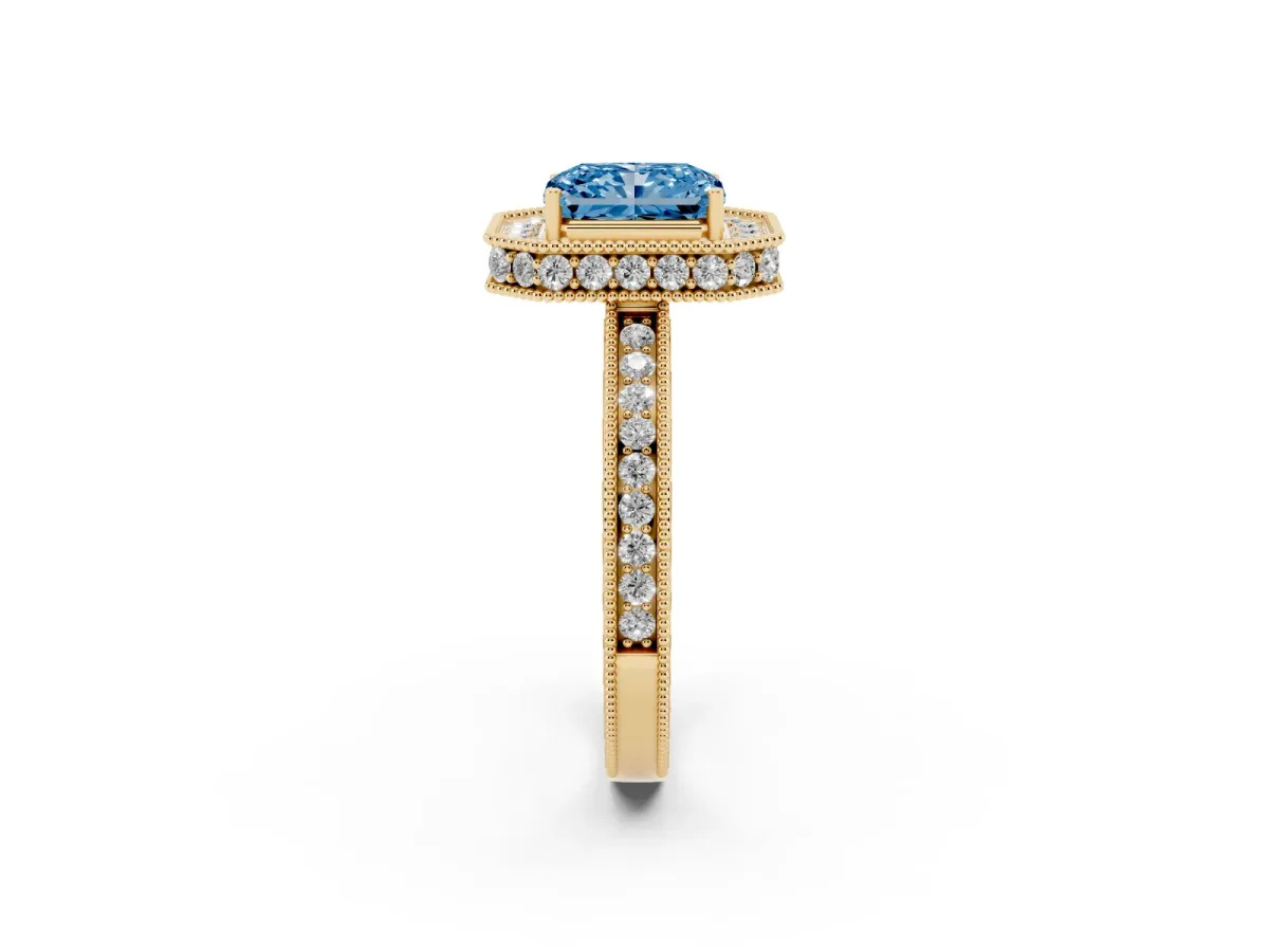 Fancy Blue Radiant Cut Diamond Milgrain Halo Engagement Ring with Round Pavé Band and Prong Setting Yellow gold