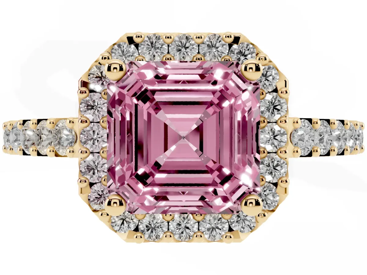 Fancy Pink Asscher Cut Halo Diamond Pavé Solitaire Ring Yellow gold
