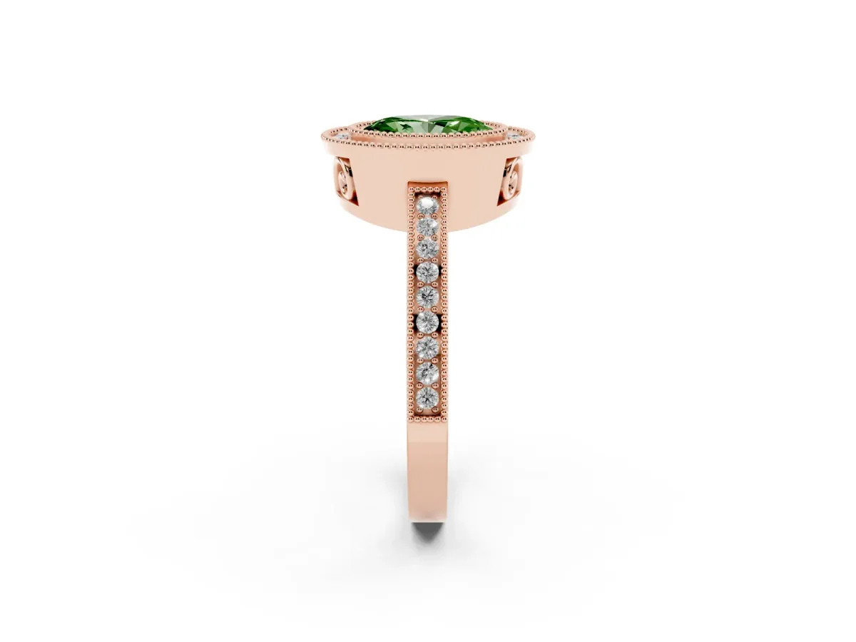 Fancy Green Oval Cut Cut Halo Diamond Ring with Pavé Band and Milgrain Prong Setting Rose gold