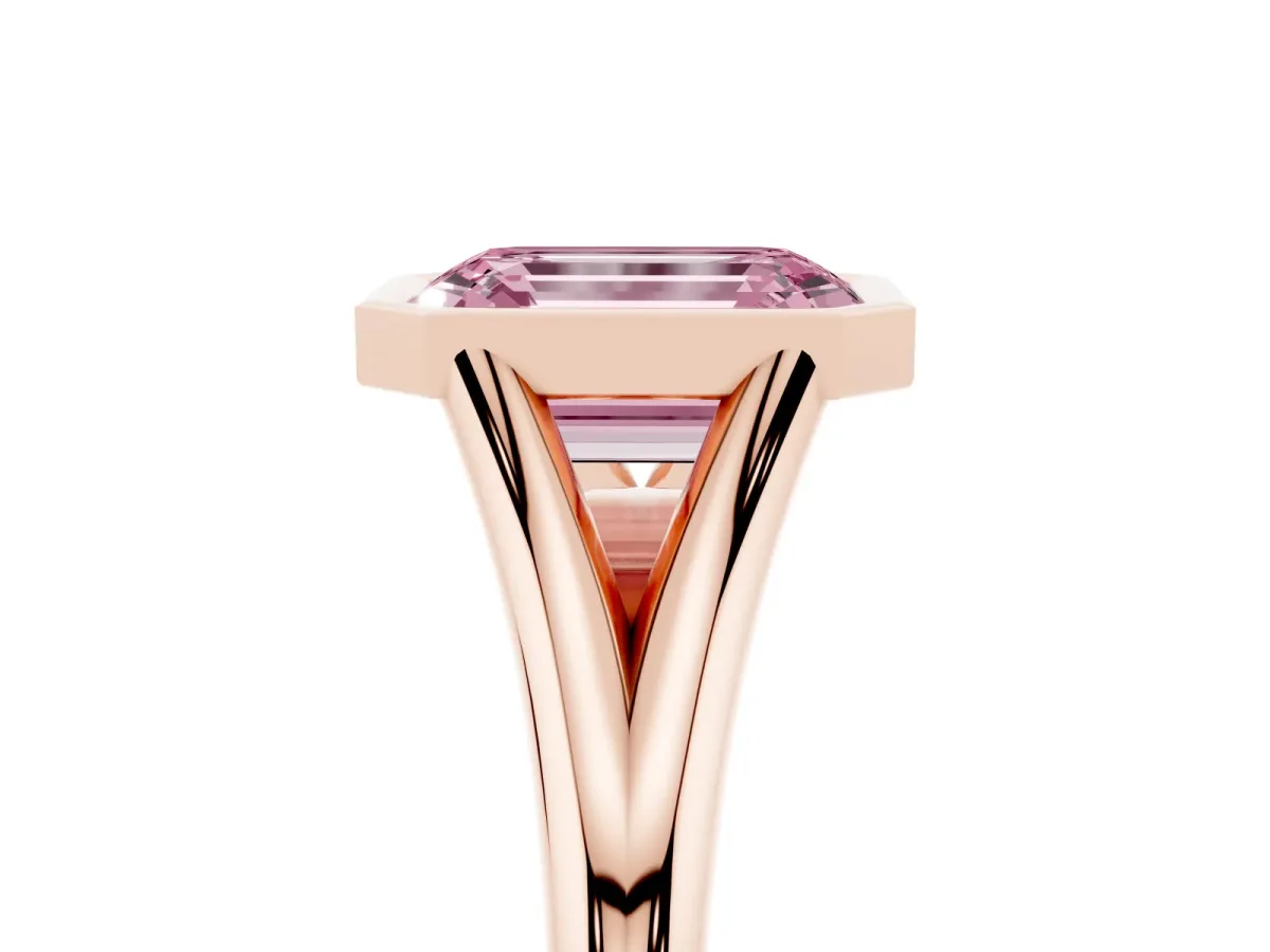 Fancy Pink Bezel Set Emerald Cut Cut Solitaire Ring with Tapered Band Rose gold