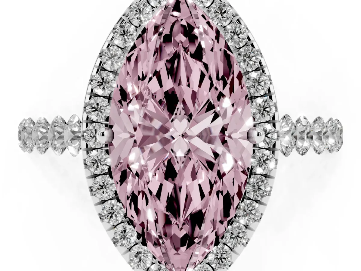 Fancy Pink Marquise Cut Halo Pavé Diamond Engagement Ring with Four-Prong Setting Platinum