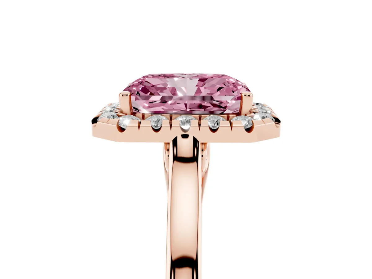 Fancy Pink Radiant Cut Halo Round Diamond Solitaire Ring with Pavé Band and Four-Prong Setting Rose gold