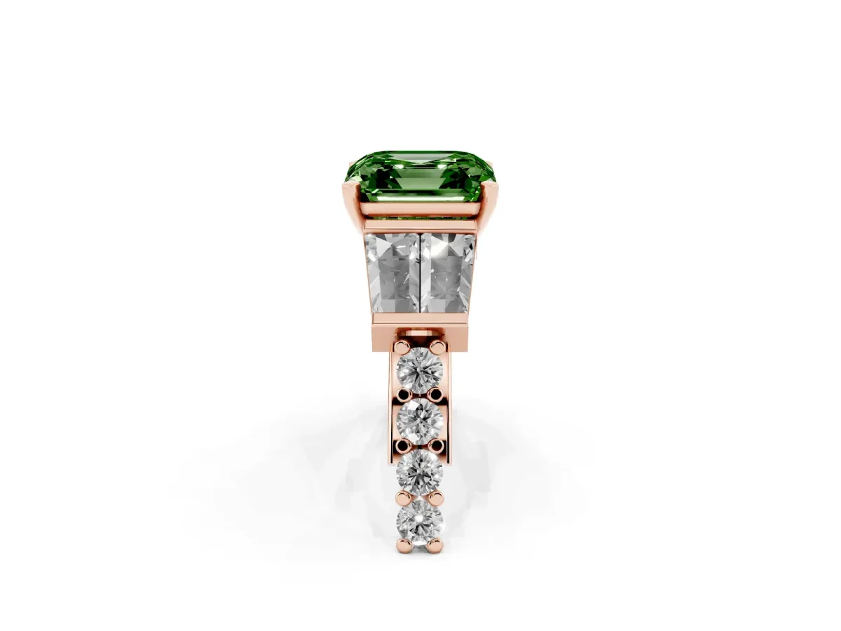 Fancy Green Asscher Cut Diamond Engagement Ring with Baguette Side Stones and Channel Set Band Rose gold
