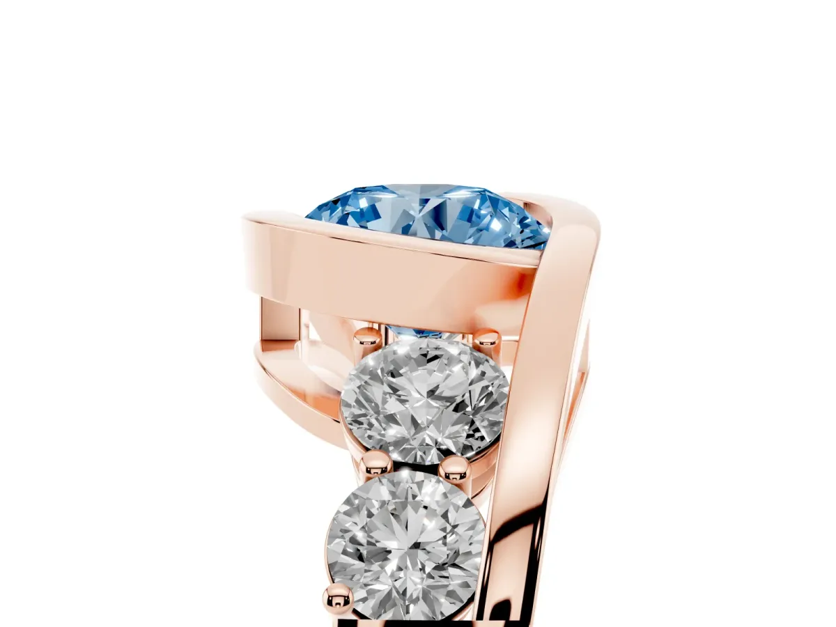 Fancy Blue Bezel Set Round Cut Diamond Bypass Ring with Round Accents Rose gold