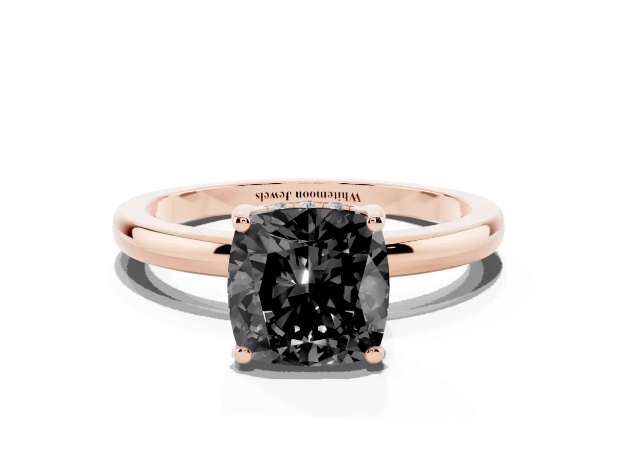 Fancy Black Cushion Cut Solitaire Diamond Ring with Prong Setting and Plain Band Rose gold